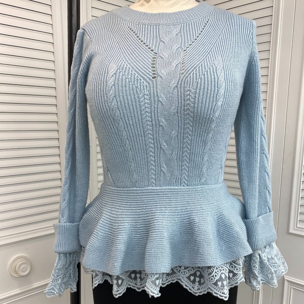Endless Rose Pale Blue Sweater Sz M with peplum and lace